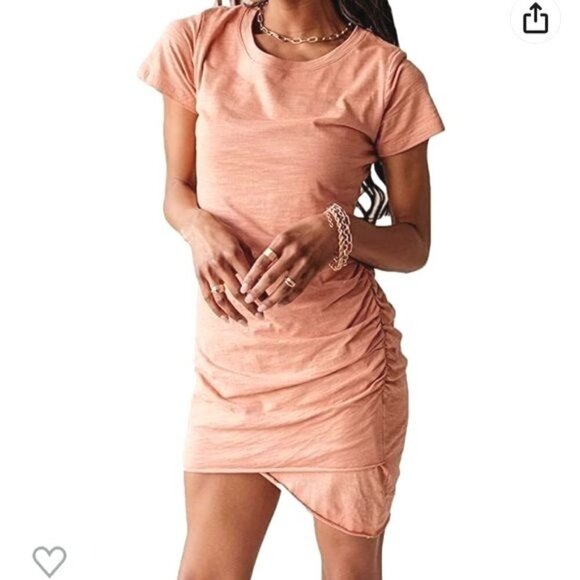 NWT QEARAL Spring Peach Bodycon T-Shirt Mini Dress Ruched Side Tulip Hem Size M - Picture 1 of 8